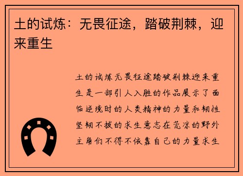 土的试炼：无畏征途，踏破荆棘，迎来重生