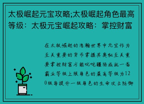 太极崛起元宝攻略;太极崛起角色最高等级：太极元宝崛起攻略：掌控财富，叱咤疆场