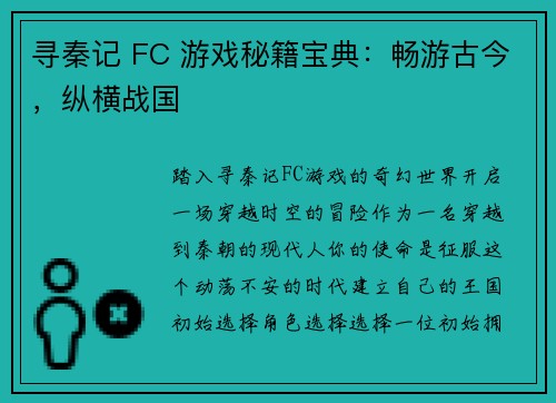 寻秦记 FC 游戏秘籍宝典：畅游古今，纵横战国