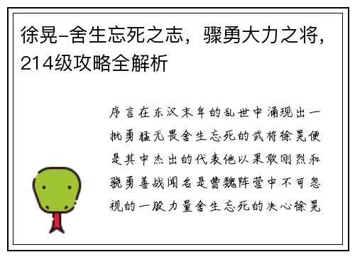 徐晃-舍生忘死之志，骤勇大力之将，214级攻略全解析