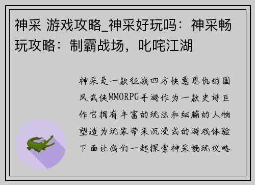 神采 游戏攻略_神采好玩吗：神采畅玩攻略：制霸战场，叱咤江湖