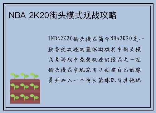 NBA 2K20街头模式观战攻略